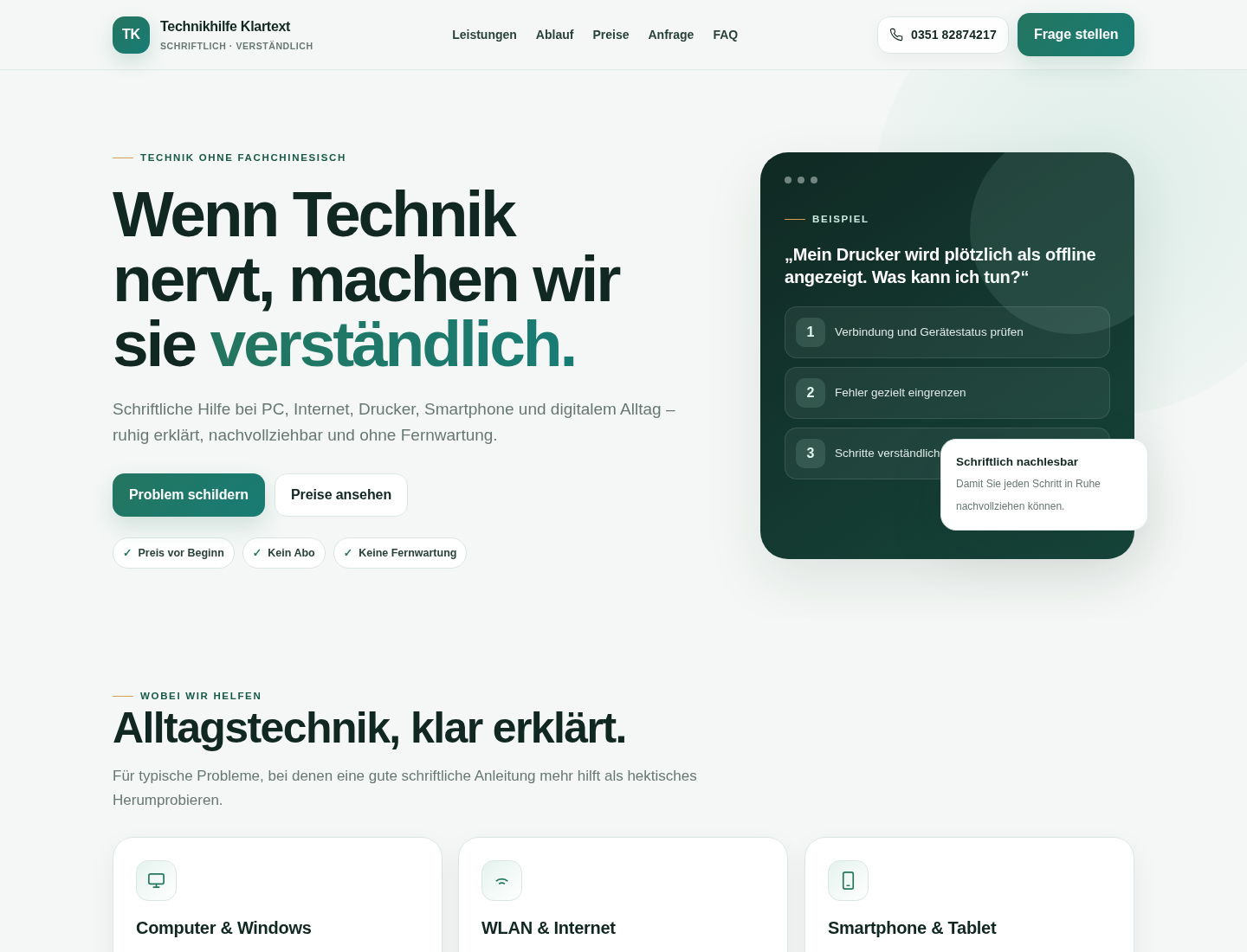 Screenshot der Website Technikhilfe Klartext